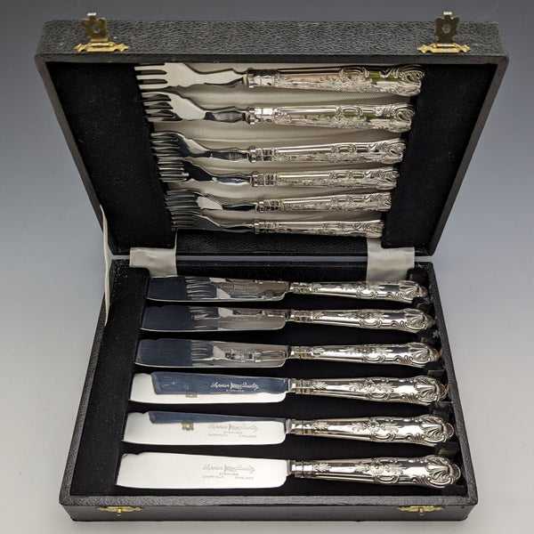 1973年 英国ヴィンテージ 純銀製ハンドル カトラリー6ペアセット 箱入り Harrison Brothers